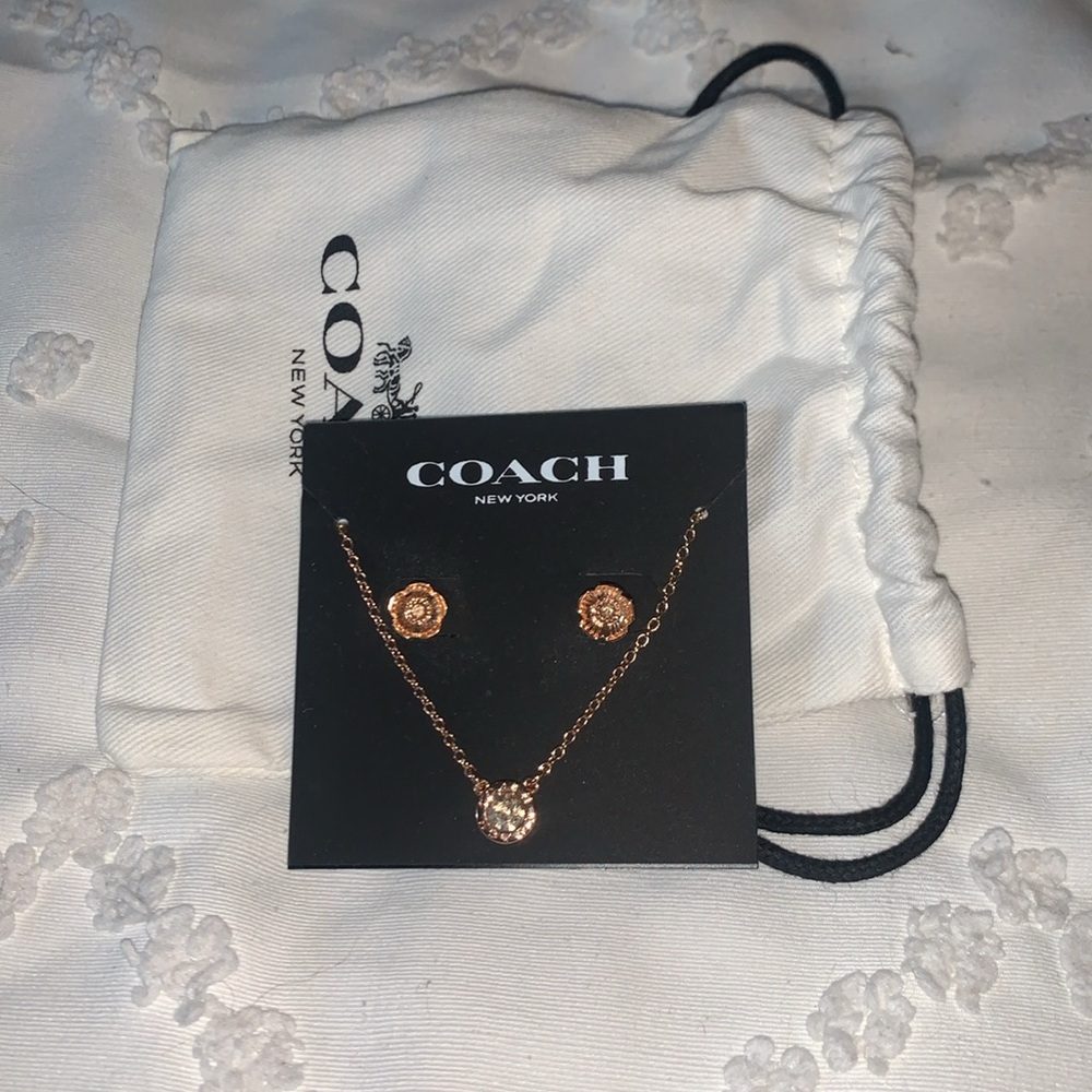 NWT Coach Rose Gold Earrings and Necklace Set in Pouch